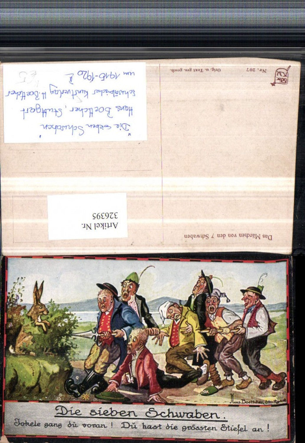 326395, Artist AK Hans Boettcher The Seven Swabians Joke Humor Men Spear Hare