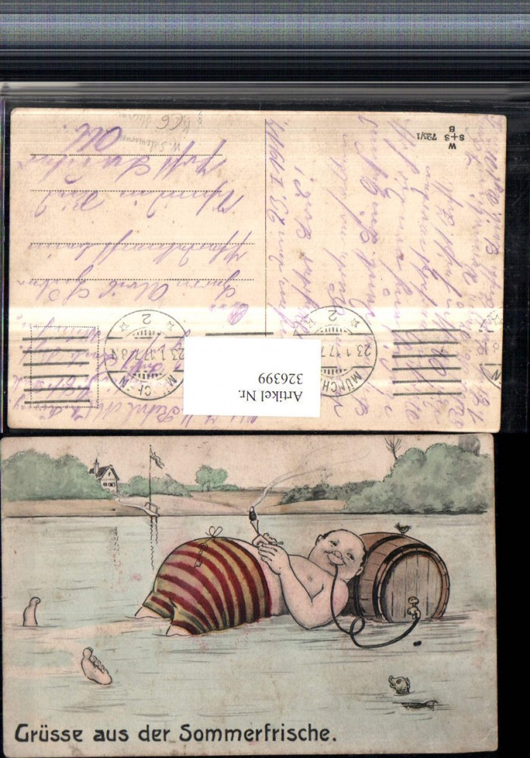 326399,Künstler AK W. Scheuermann Scherz Humor Mann im See Fass Schlauch Zigarette rauchen