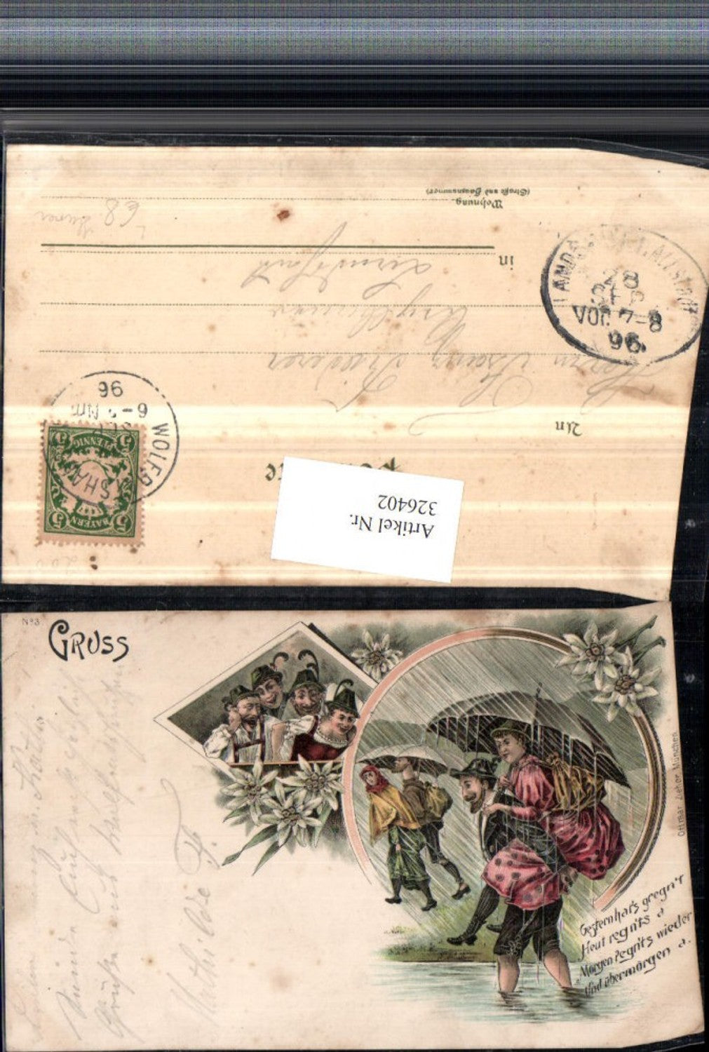 326402,Künstler Litho Scherz Humor Tracht Personen Schadenfreude Paar Huckepack Regen Schirm