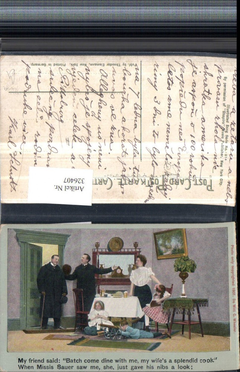 326407,Künstler AK Scherz Humor Familie Gast Junge m. Kanone Mädchen liest lesen Spruch