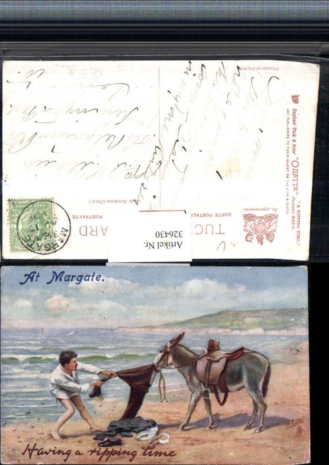 326430,Künstler AK Scherz Humor Strand Mann Esel zieht an der Hose pub Raphael Tuck & Sons 9494