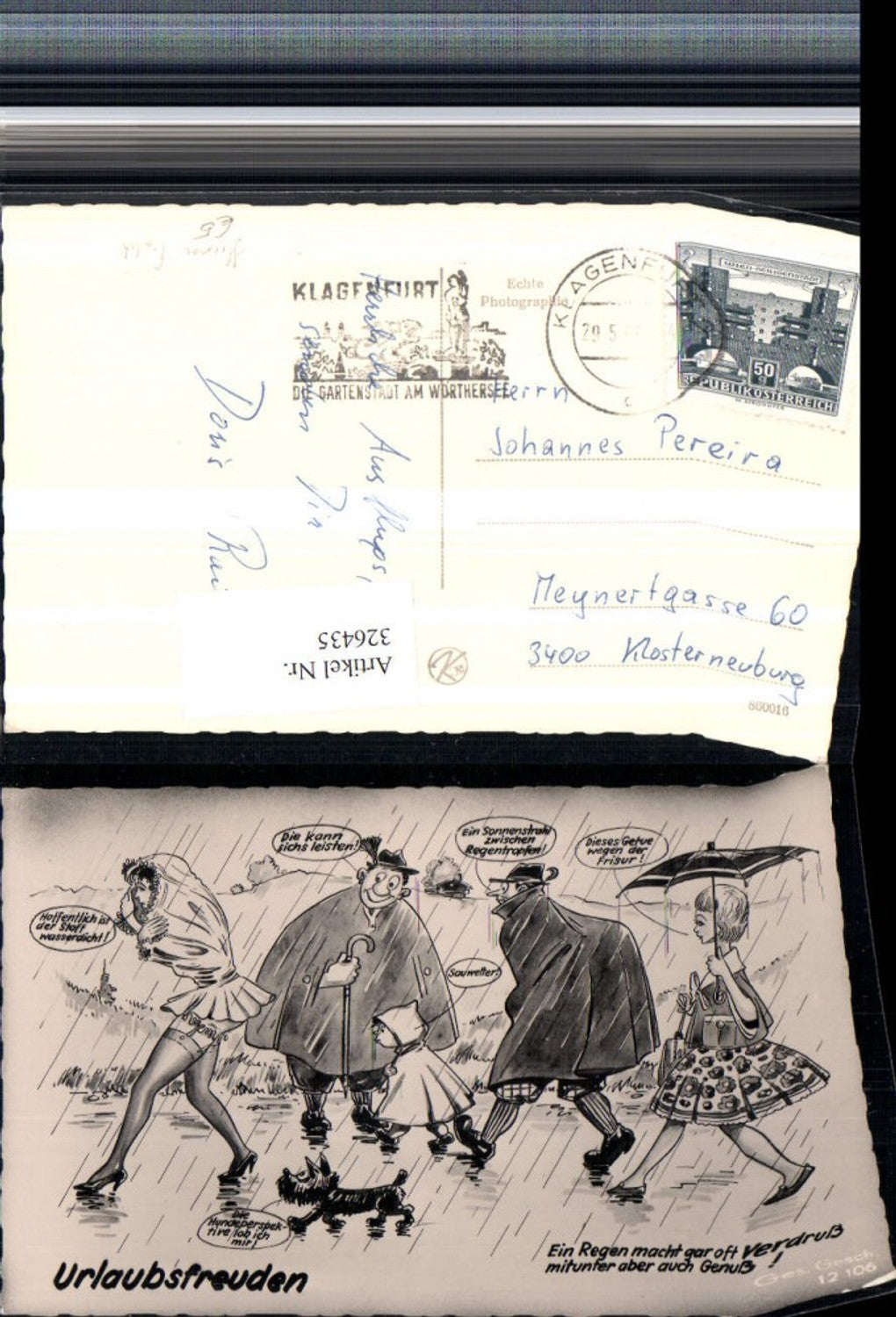 326435,Künstler AK Scherz Humor Erotik Urlaubsfreuden Personen Regen Frau m. Strapse Hund