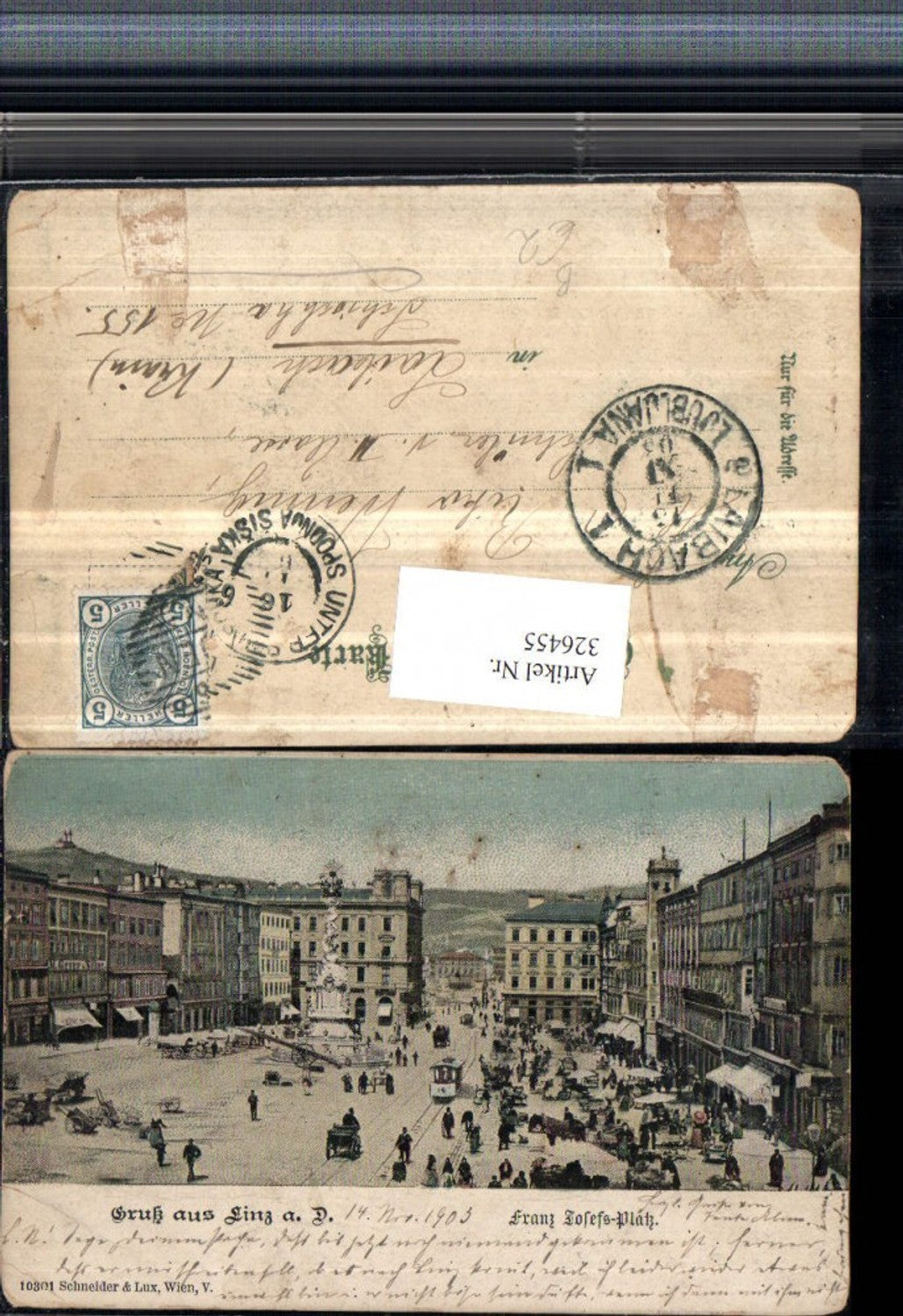 326455,Gruß aus Linz an d. Donau Franz Josefs-Platz Pestsäule Geschäfte