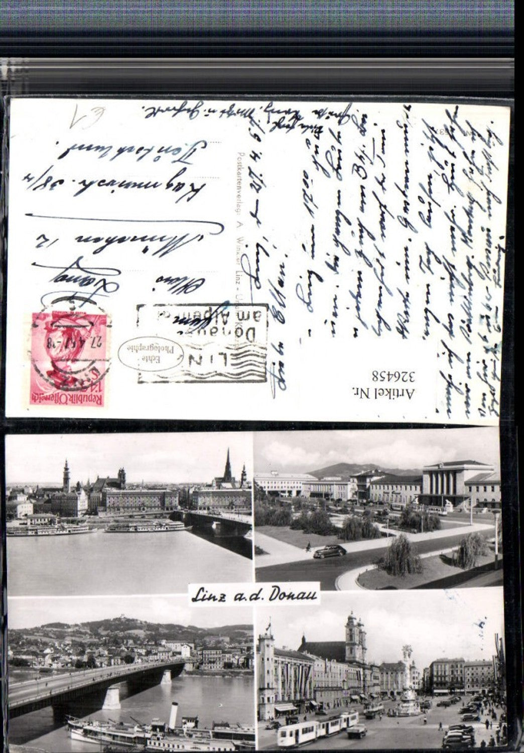 326458,Linz an d. Donau Teilansicht Brücke Dampfer Pestsäule Straßenbahn Bahnhof Mehrbildkarte
