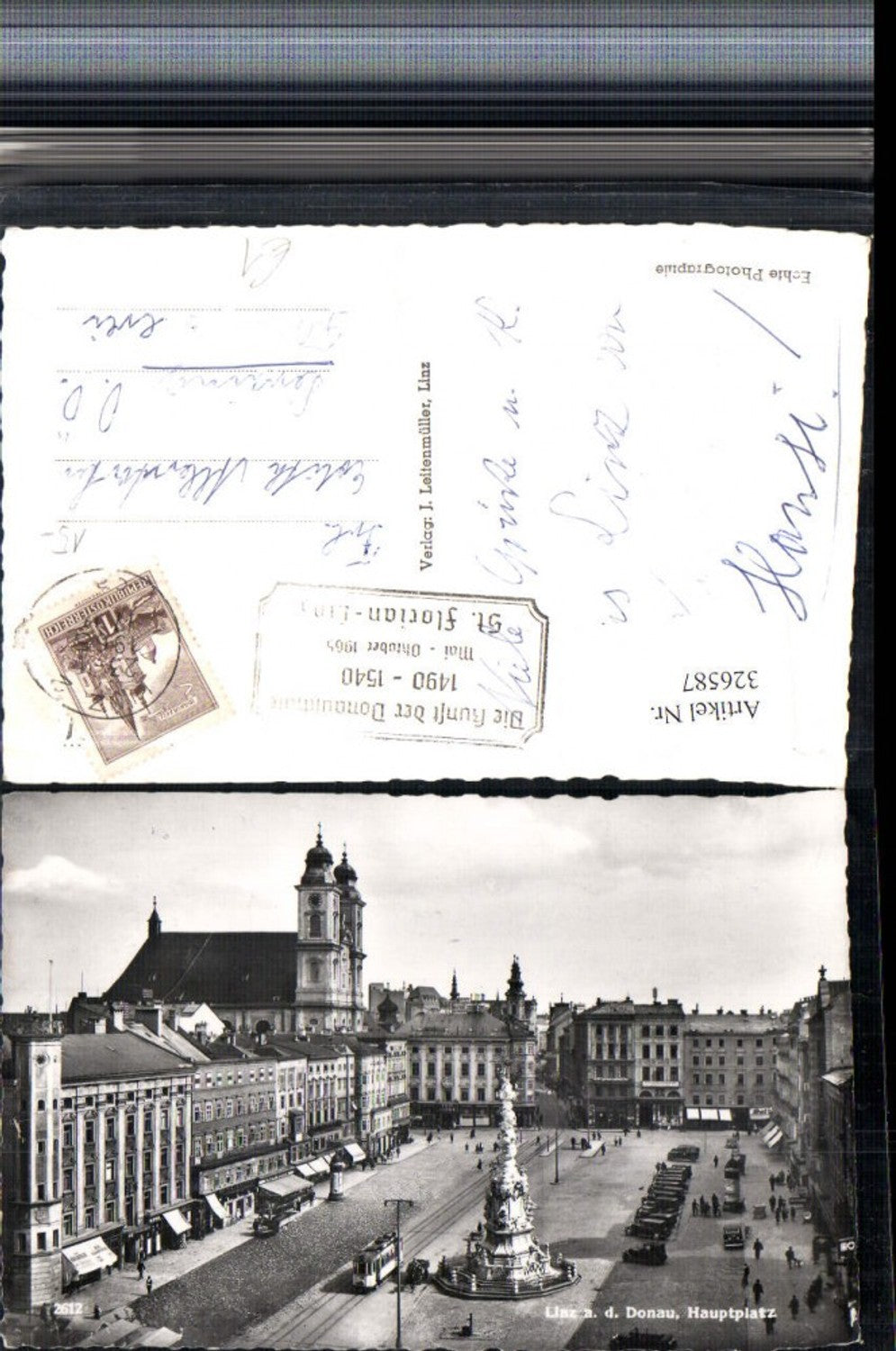 326587,Linz an d. Donau Hauptplatz Pestsäule Kirche Straßenbahn Geschäfte