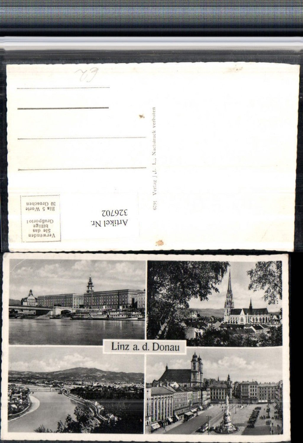 326702,Linz an d. Donau Totale Kirche Hauptplatz Pestsäule Brücke Dampfer Mehrbildkarte