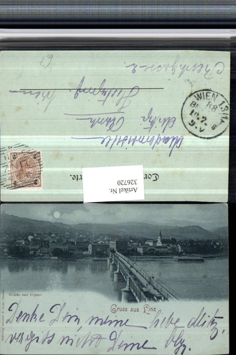 326720,Mond Litho Gruß aus Linz an d. Donau Urfahr Totale Brücke