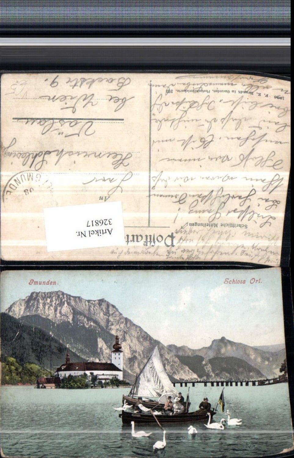 326817,Gmunden Schloss Ort Orth Segelboot Boot Schwäne Bergkulisse pub F. E. Brandt 393