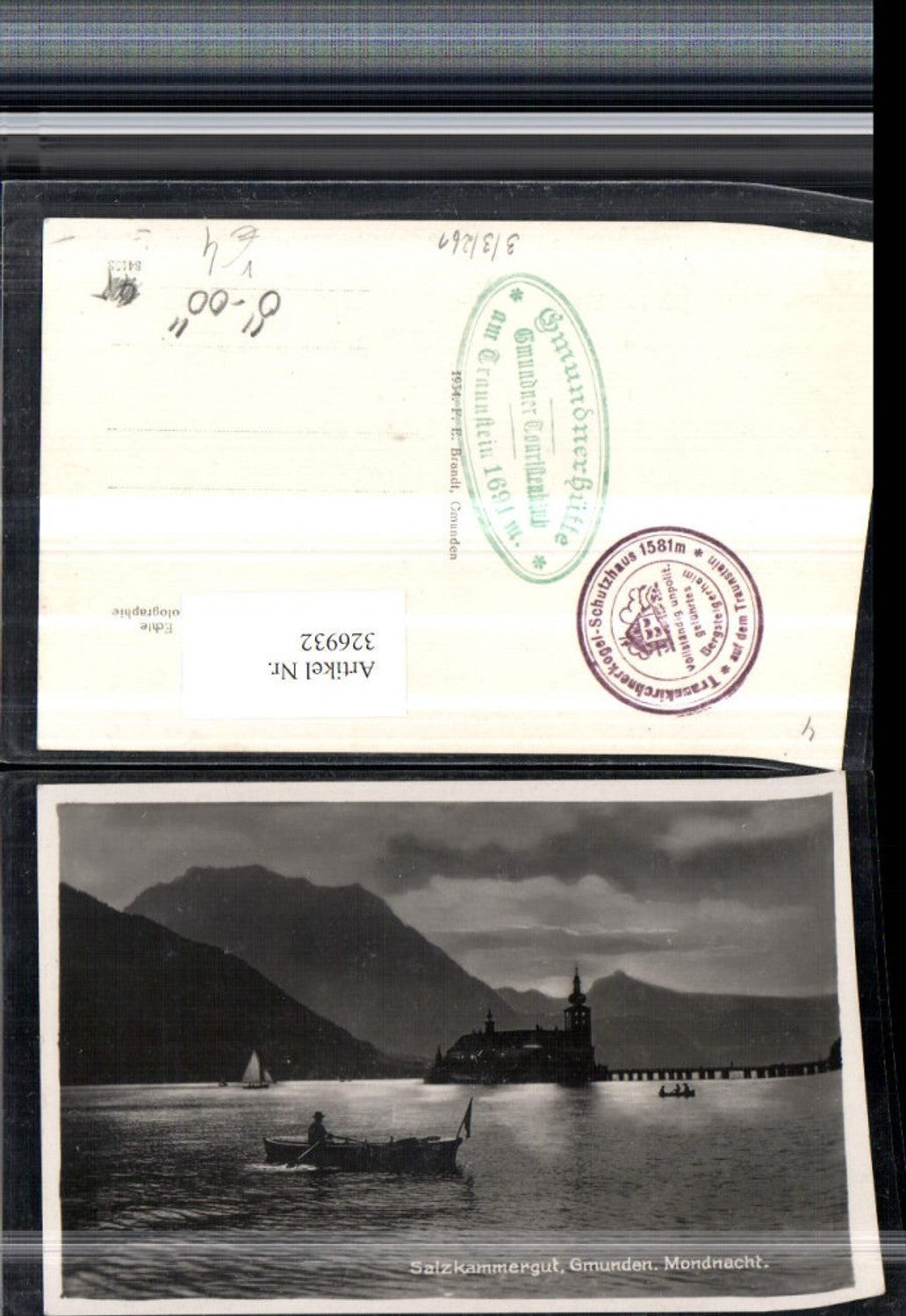 326932,Gmunden Mondnacht Schloss Orth Ort Bergkulisse Ruderboot pub F. E. Brandt