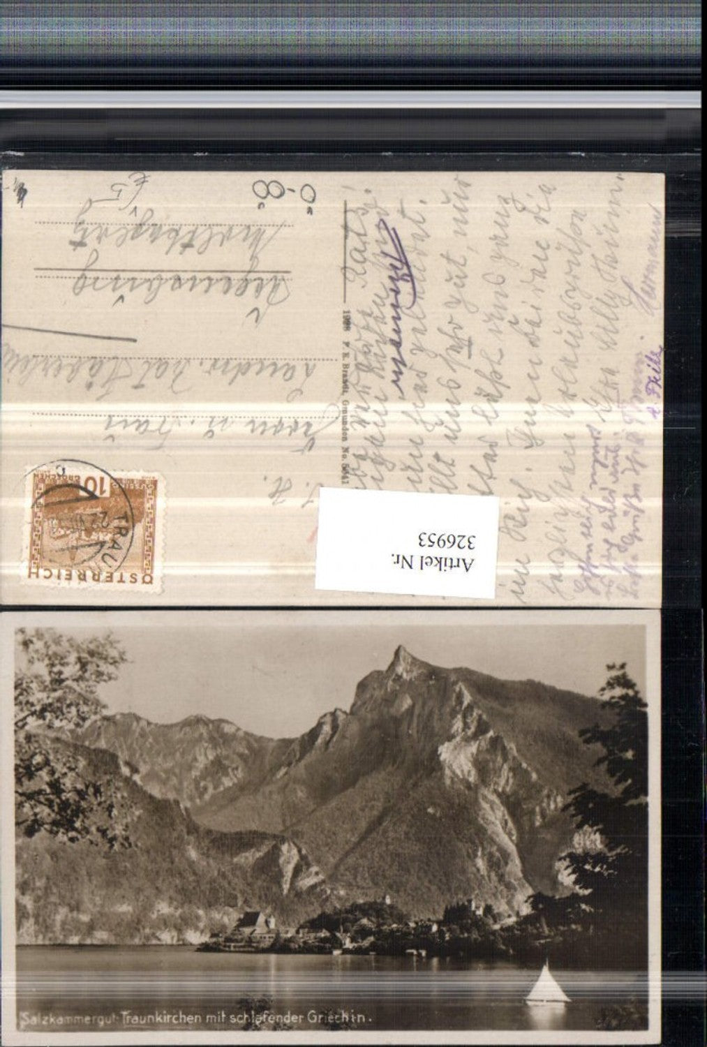 326953,Traunkirchen Teilansicht m. Schlafender Griechin Bergkulisse pub F. E. Brandt 5041