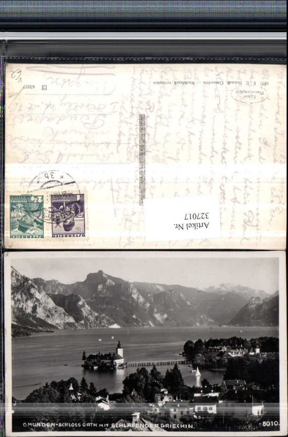 327017,Gmunden Schloss Ort Orth m. Schlafender Griechin Bergkulisse pub F. E. Brandt 5010