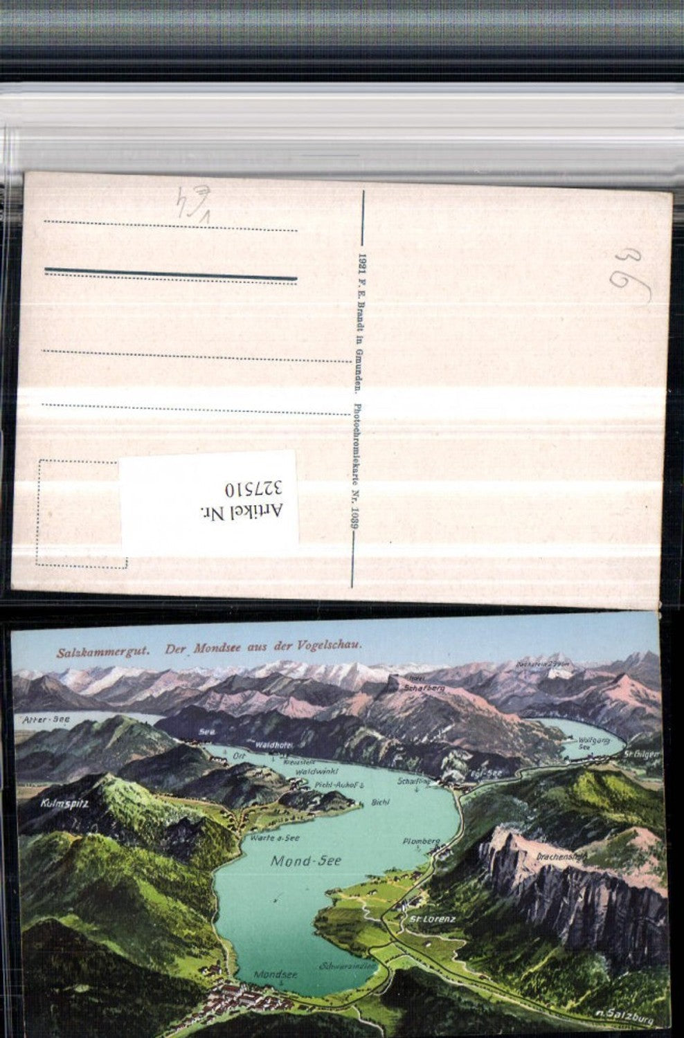 327510,Mondsee aus d. Vogelschau Totale Plomberg Pichl-Auhof pub F. E. Brandt 1039