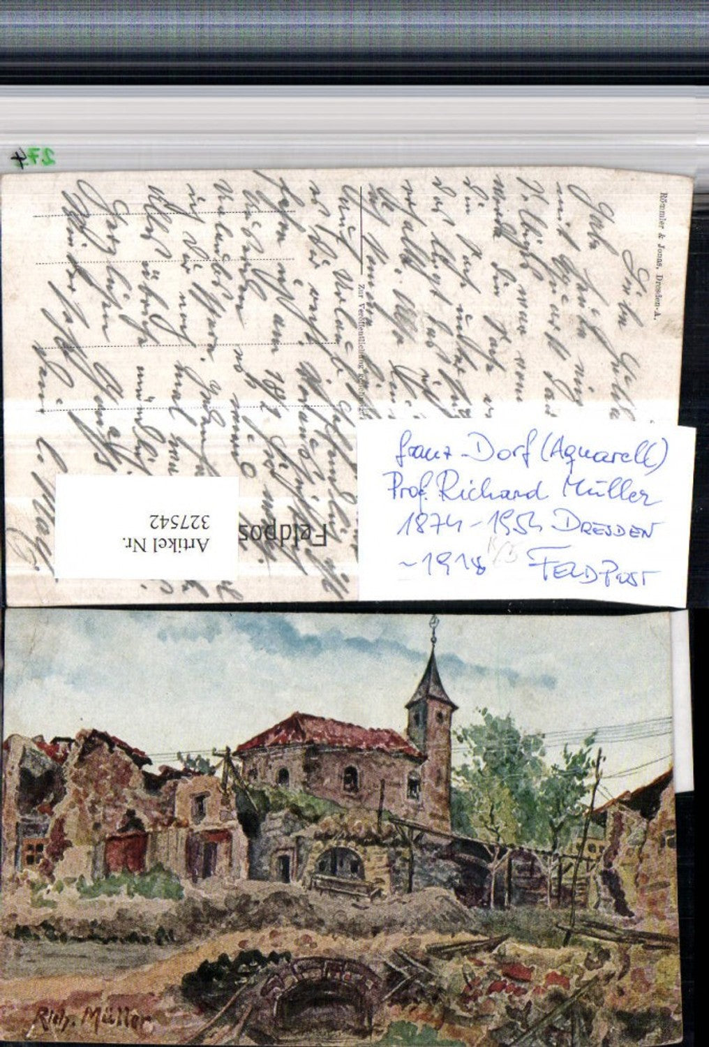 327542,Künstler AK Richard Müller Dorf Kirche Feldpost 1918