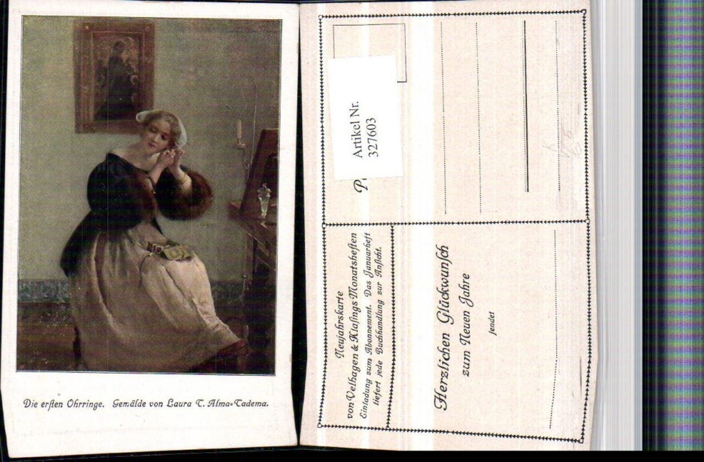 327603, Artist AK Laura T. Alma-Tadema The first earrings woman dress pub Velhagen & Klasings