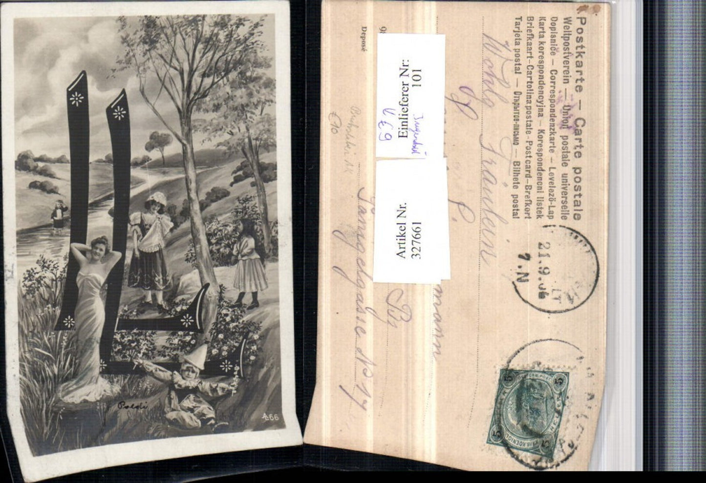 327661,Jugendstil Buchstaben Künstler AK Frau Kleid Tracht Kinder Clown Landschaft