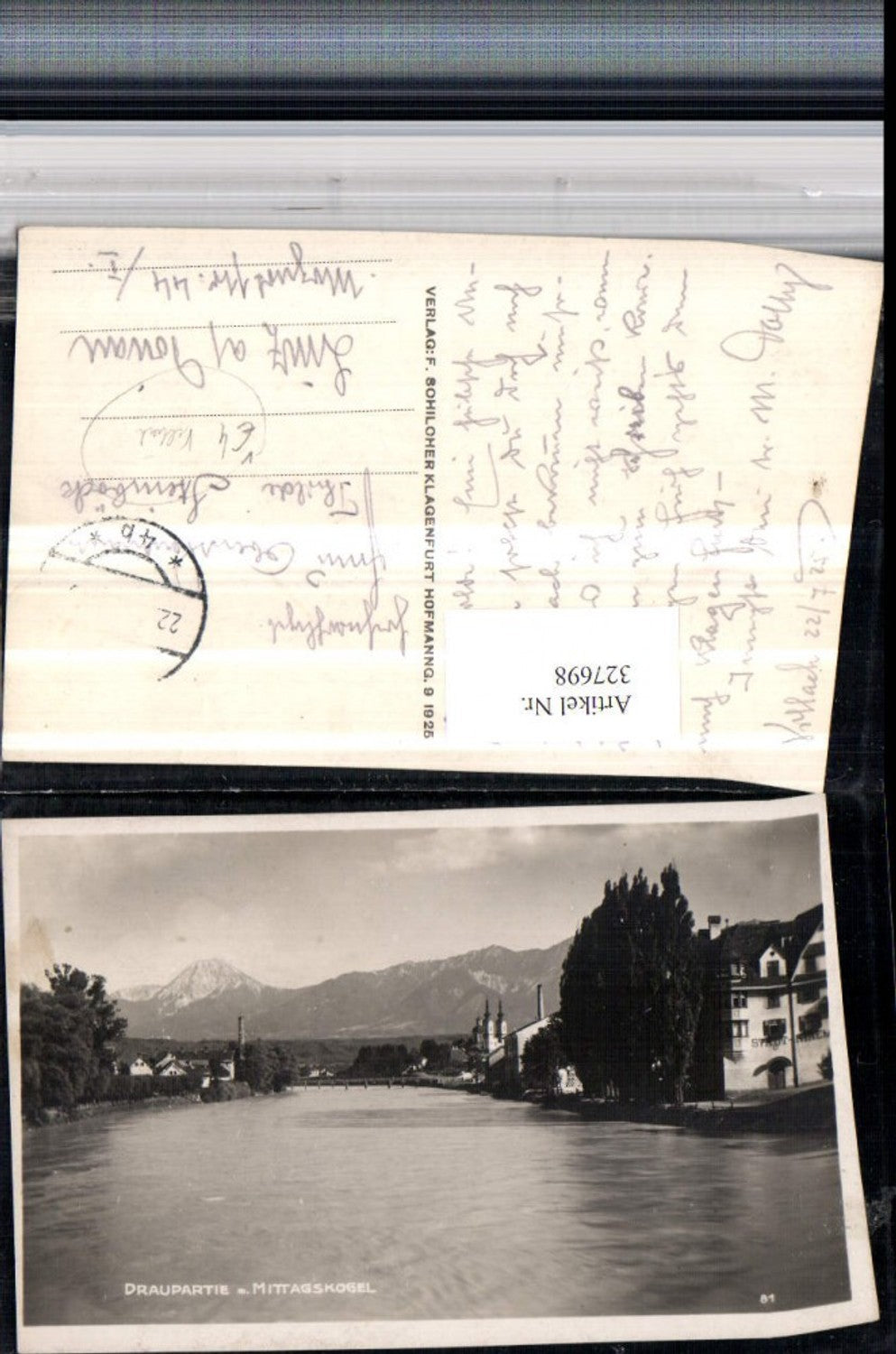 327698,Villach Teilansicht Draupartie Fluss m. Mittagskogel Bergkulisse