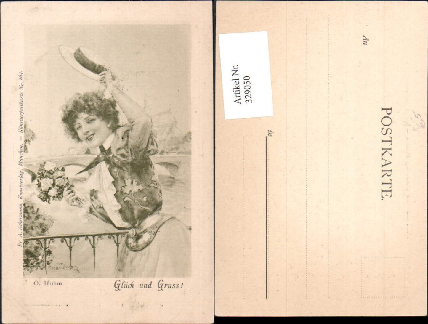 329050, Artist Ak O. Bluhm, Good Luck and Greetings, Mrs. Hut, Bouquet of Flowers, pub Ackermann 264