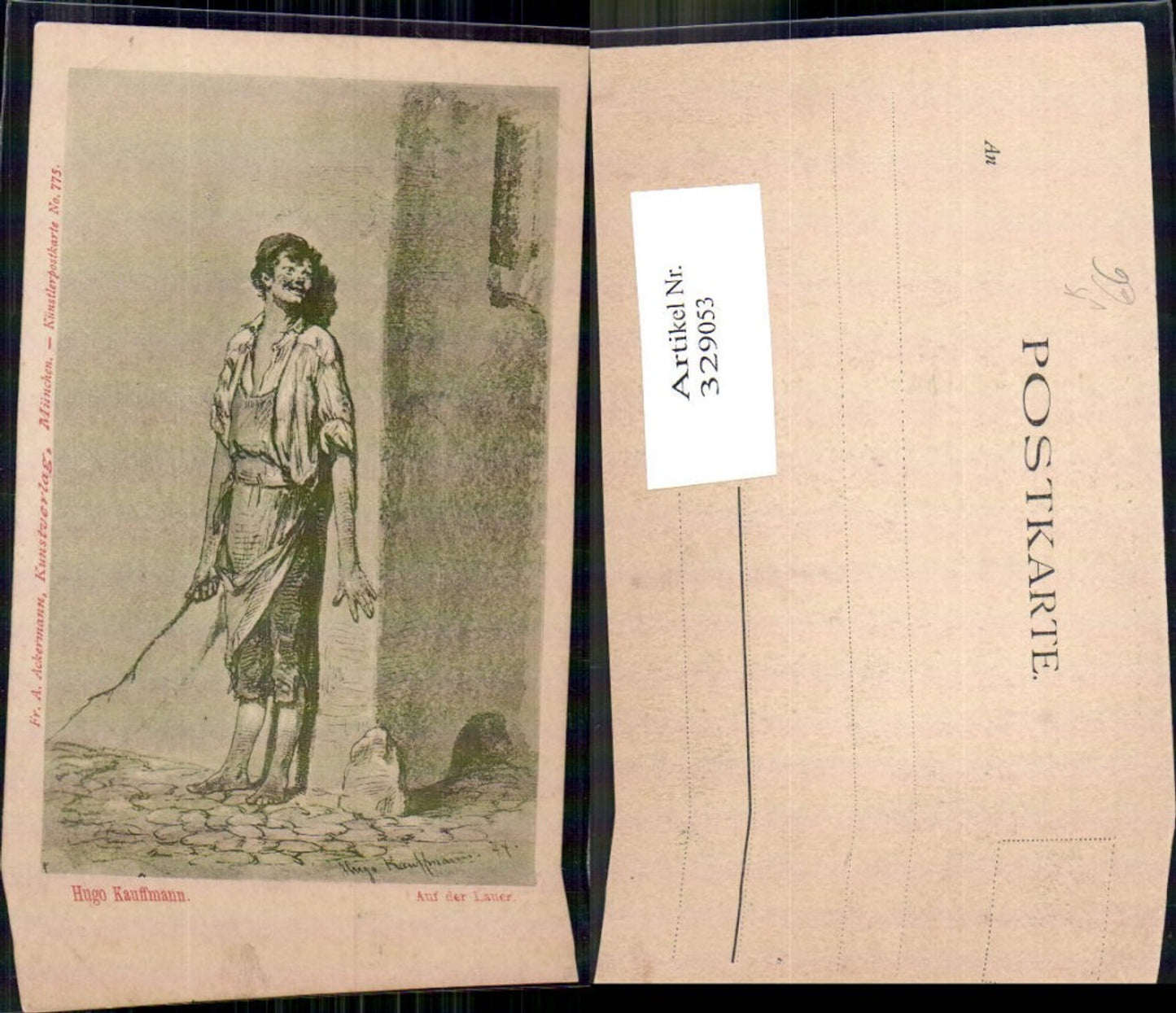 329053,Künstler Ak Hugo Kauffmann Auf der Lauer Bub Junge a. Ecke pub Ackermann 775