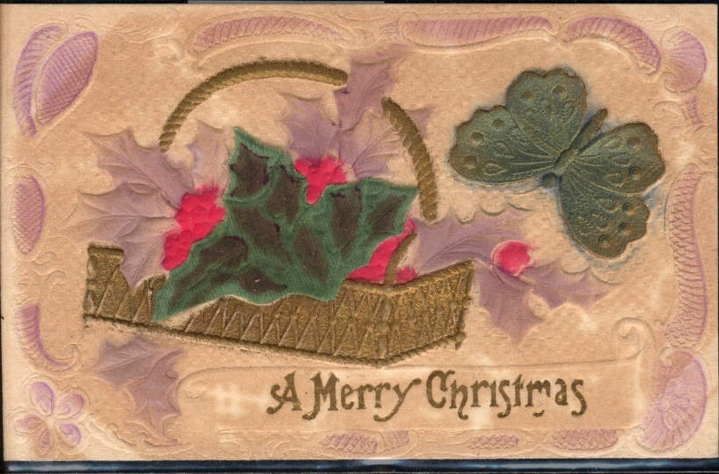 329170, Material Embossed Ak Christmas Velvet Holly Butterfly A Merry Christmas