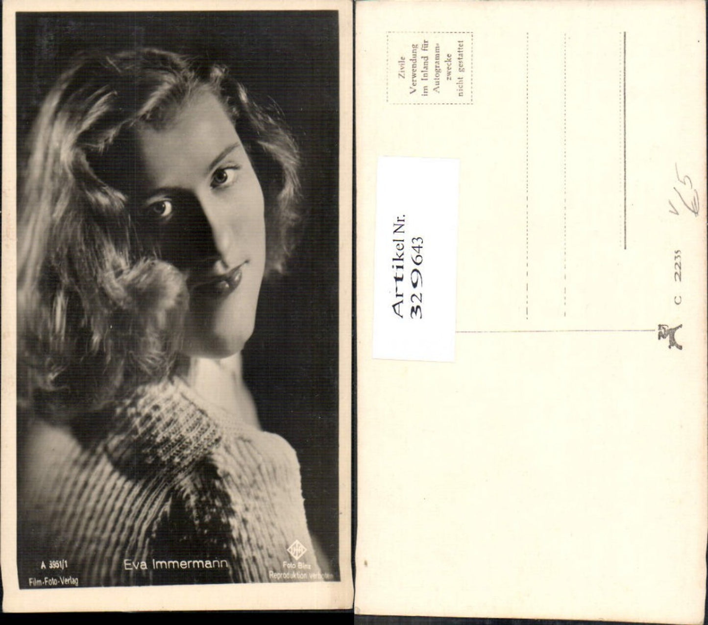 329643,Foto Ak Eva Immermann Schauspielerin pub Film Foto Verlag A 3951/1