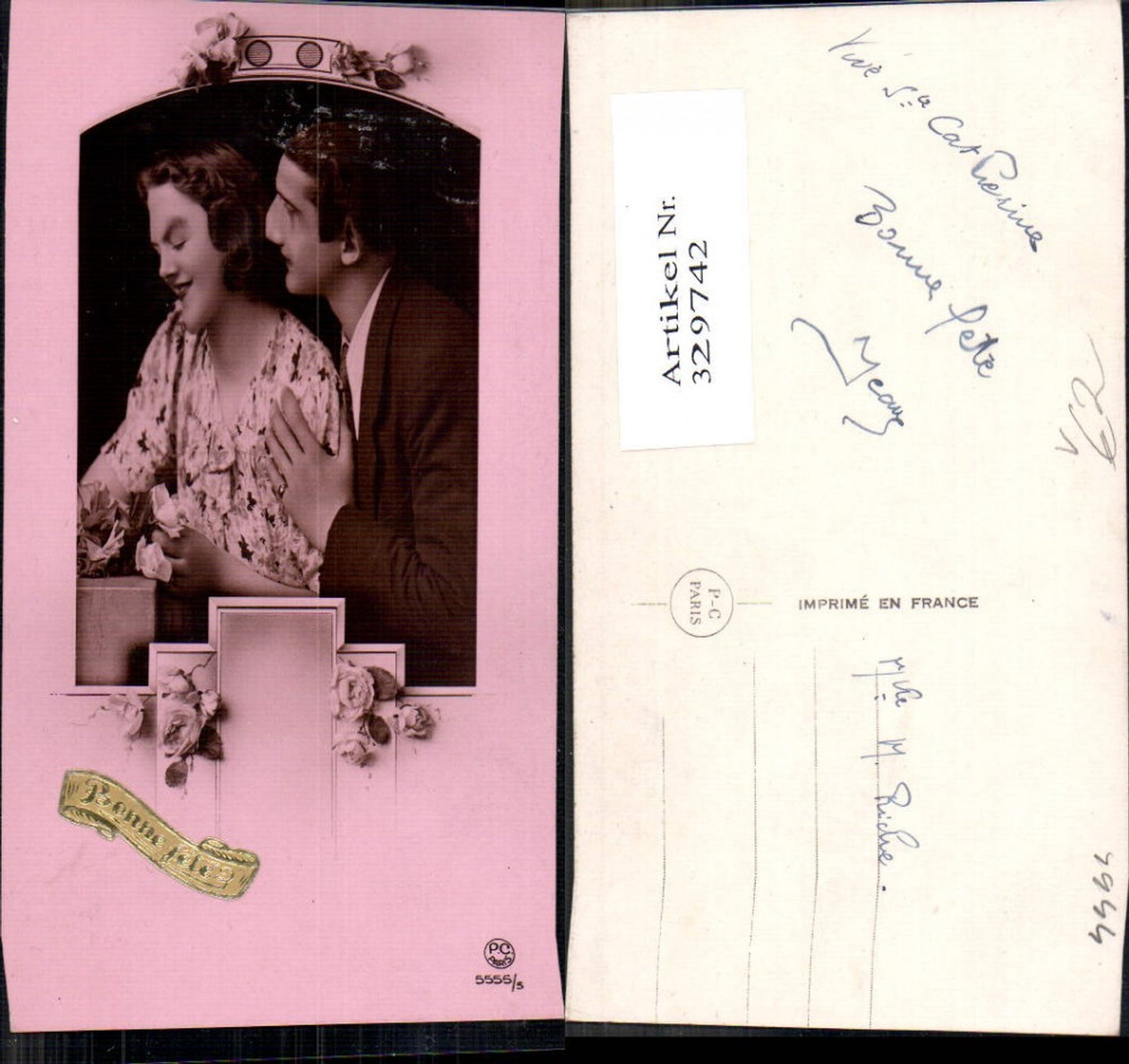 329742,Liebe Paar Umarmung Rosen Blumen Passepartout Bonne Annee pub P.C. Paris 5555/5