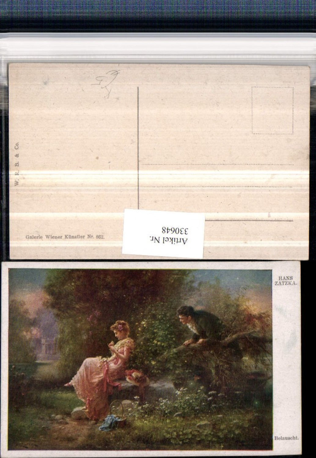 330648,Künstler AK Hans Zatzka Belauscht Frau Kleid Hut Korb Mann lauscht
