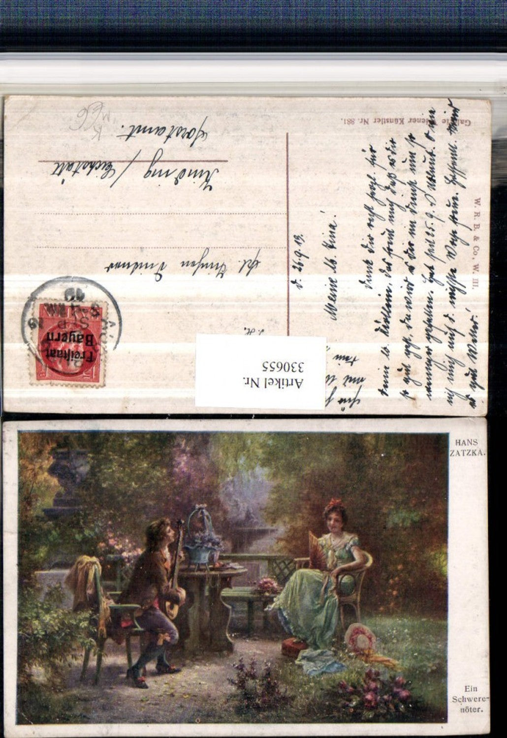 330655,Künstler AK Hans Zatzka Schwerenöter Mann Mandoline Frau Fächer pub Wiener Künstler 881