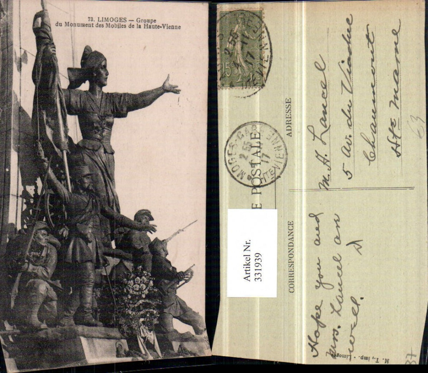 331939,Limousin Haute-Vienne Limoges Groupe du Monument des Mobiles Statuen Krieger