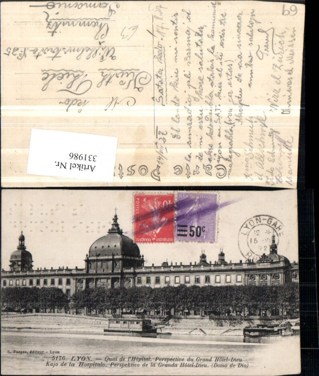 331986,Rhone-Alpes Rhone Lyon Quai de l'Hopital Grand Hotel-Dieu Kajo de la Hospitalo