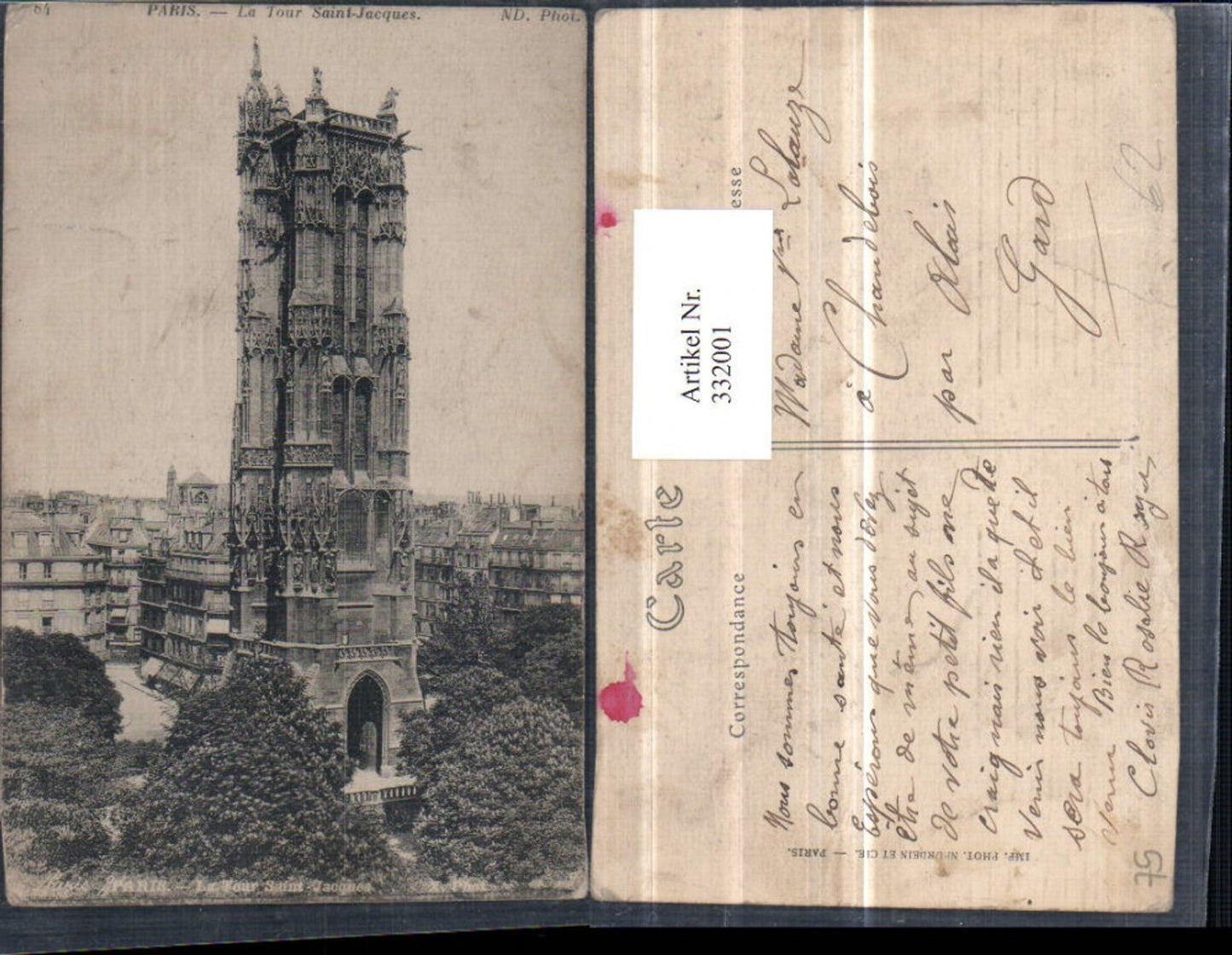 332001,Ile-de-France Paris La Tour Saint-Jacques Kirchenturm Turm