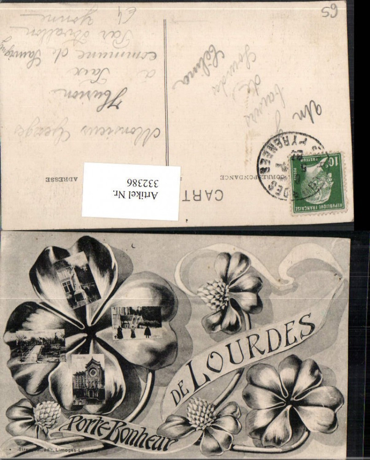 332386,Midi-Pyrenees Hautes-Pyrenees Lourdes Statue Brücke Kirche Mehrbildkarte Klee Kleeblatt