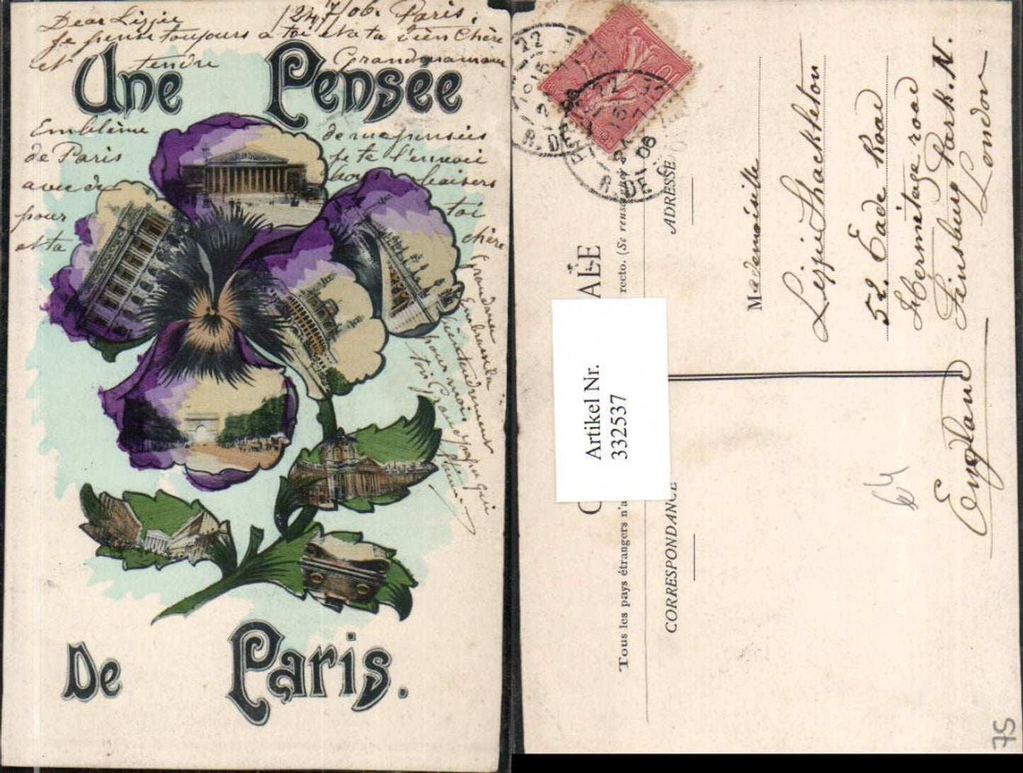 332537,Ile-de-France Paris Collage Mehrbildkarte Stiefmütterchen Blume