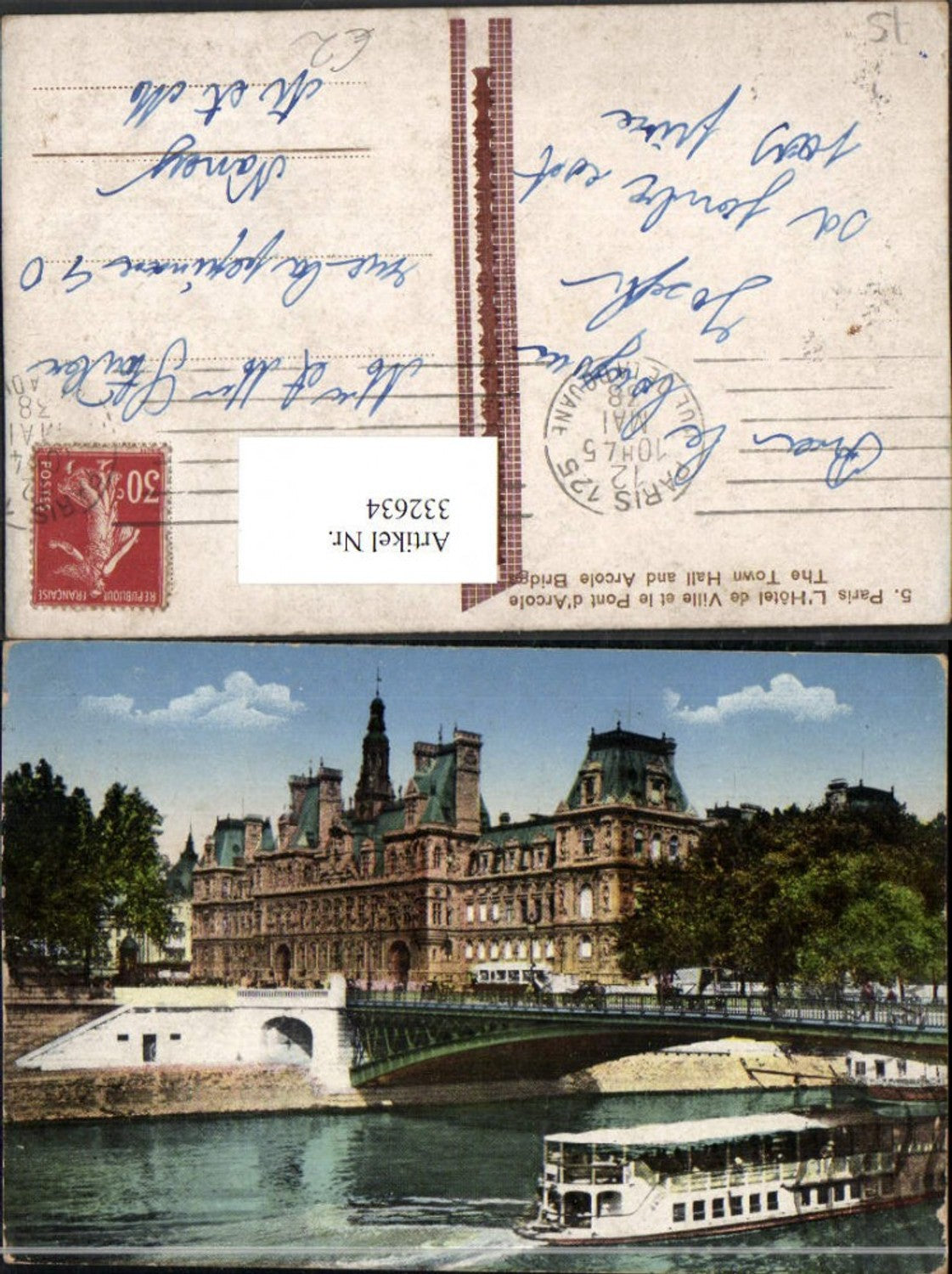 332634,Ile-de-France Paris L'Hotel de Ville et le Pont d'Arcole Rathaus Brücke Schiff