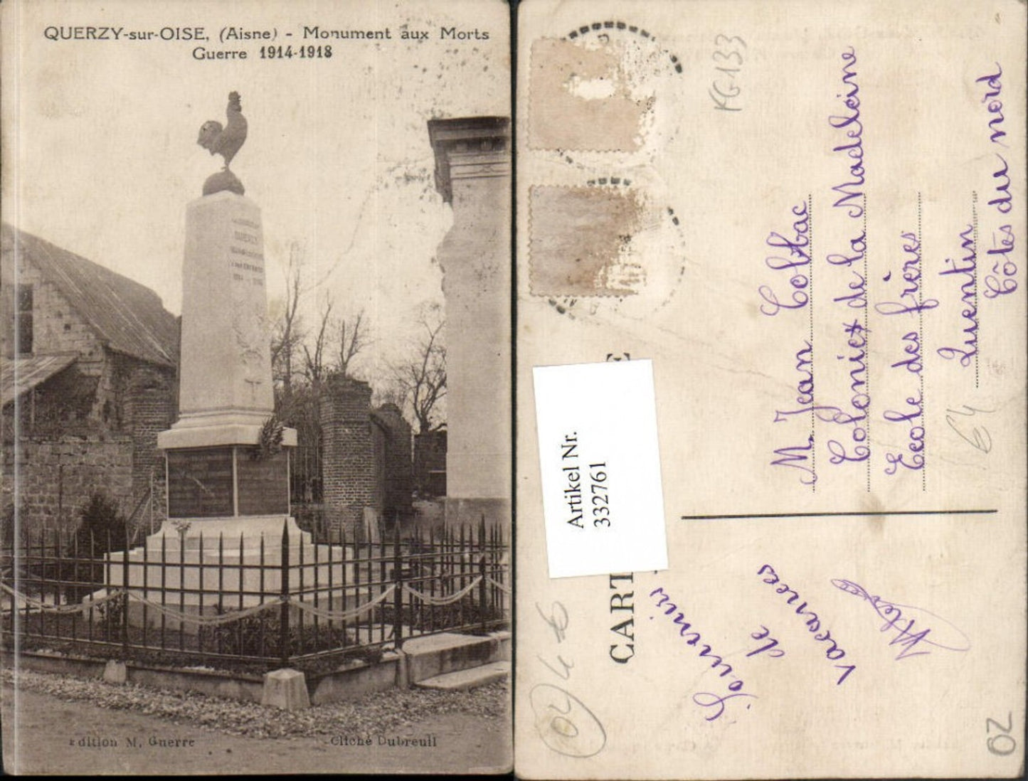 332761,Picardie Aisne Querzy-sur-Oise Monument aux Morts Guerre Denkmal