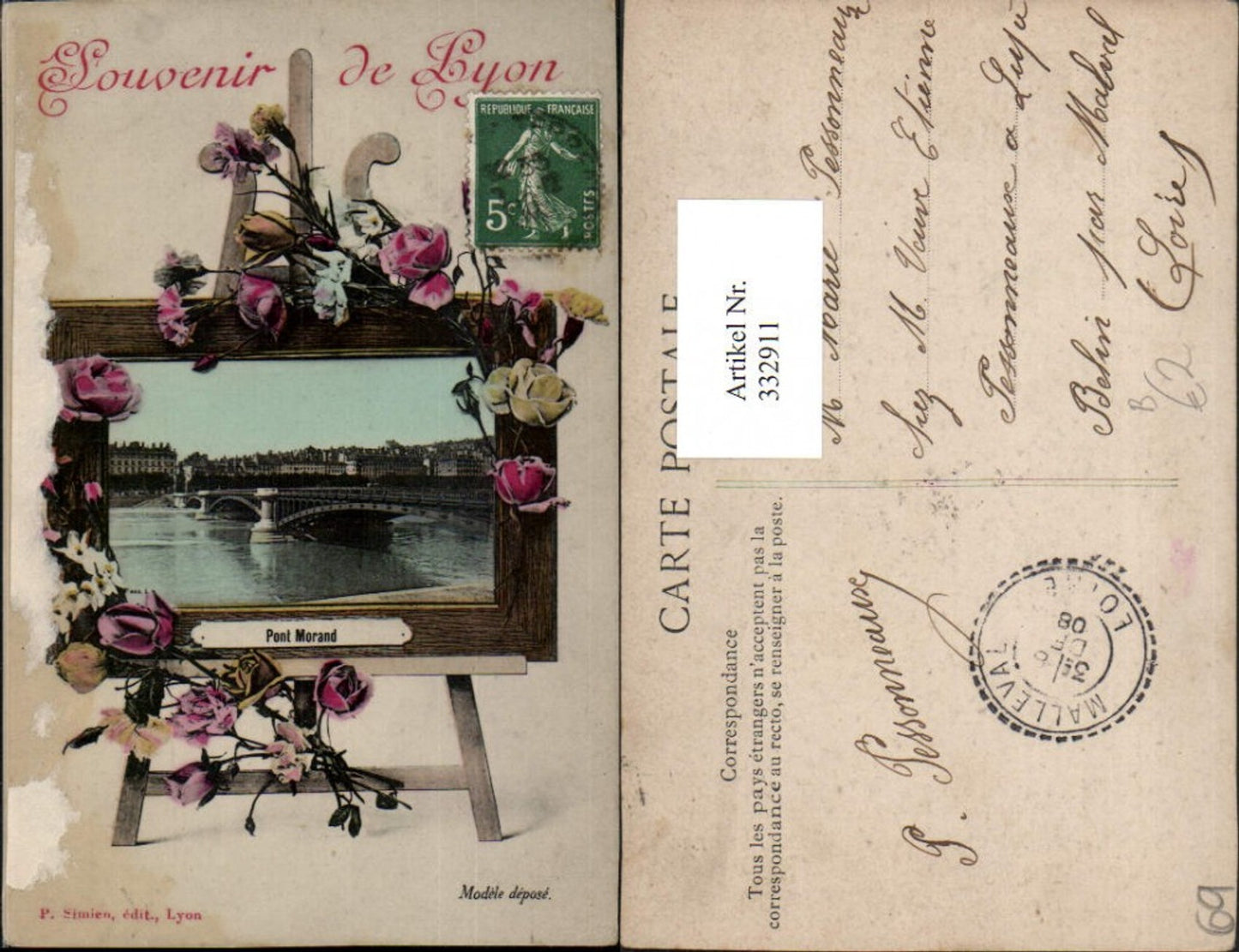 332911,Rhone-Alpes Rhone Lyon Pont Morand Brücke Passepartout Staffelei Blumen