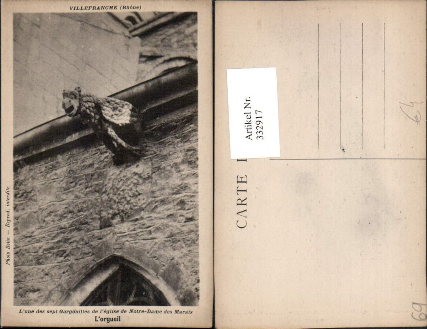332917,Rhone-Alpes Rhone Villefranche Gargouilles de l'Eglise Notre-Dame des Marais L'Orgueil