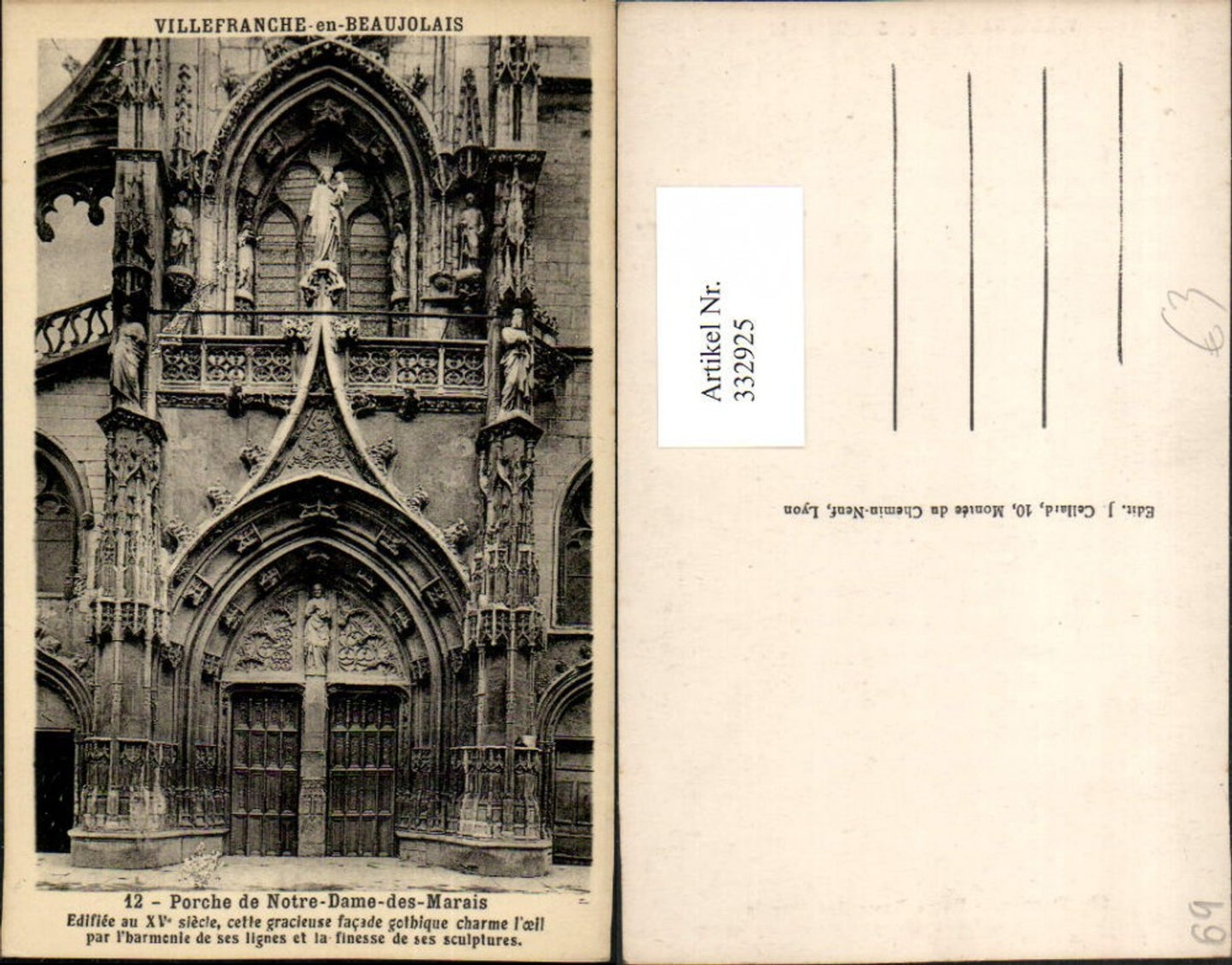 332925,Rhone-Alpes Rhone Villefranche-en-Beaujolais Porche de Notre-Dame des Marais Kirchenportal