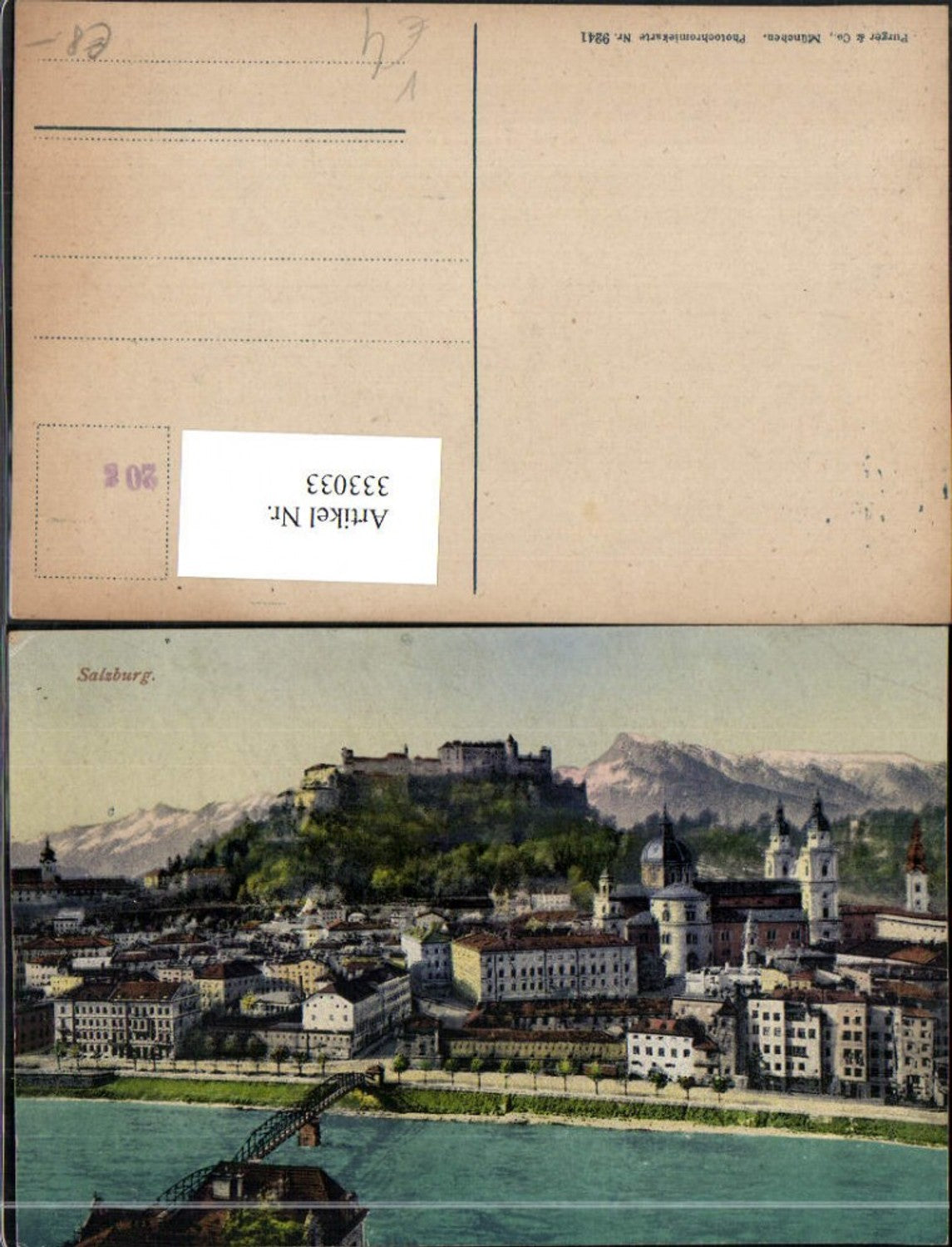 333033, Salzburg partial view with fortress and mountain backdrop, Purger & Co. pub 9241