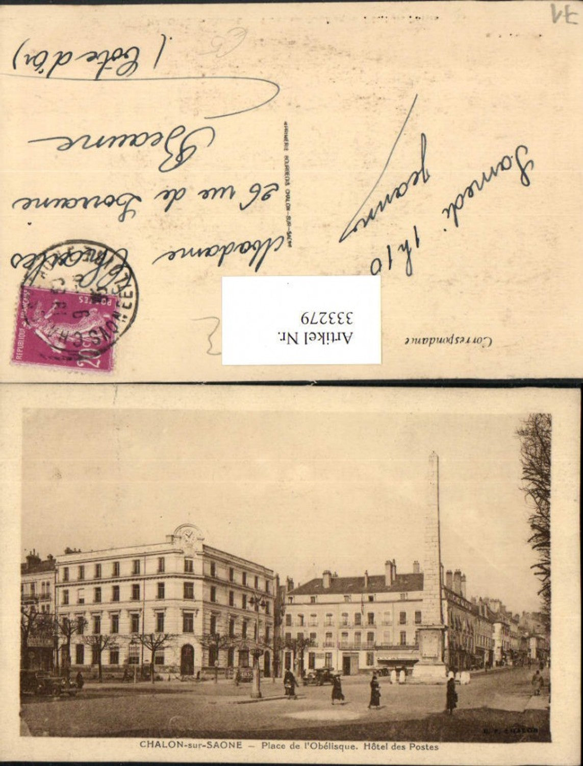 333279,Burgundy Saone-et-Loire Chalon-sur-Saone Place de l'Obelisque Hotel des Postes Obelisk