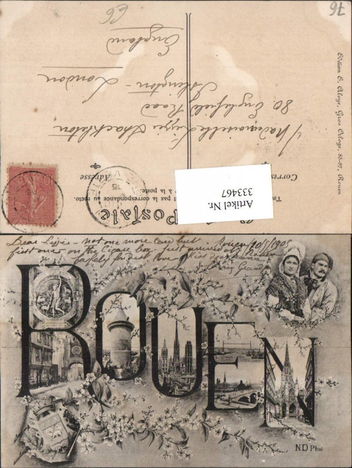333467,Haute-Normandie Seine-Maritime Rouen Buchstaben Collage Turm Kirche Mehrbildkarte Blumen