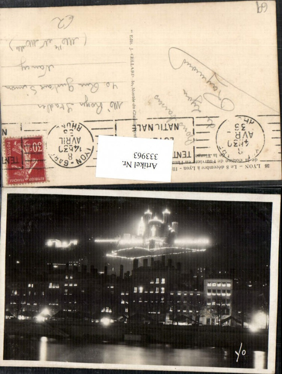 333963,Rhone-Alpes Rhone Lyon b. Nacht Illumination Teilansicht Kirche