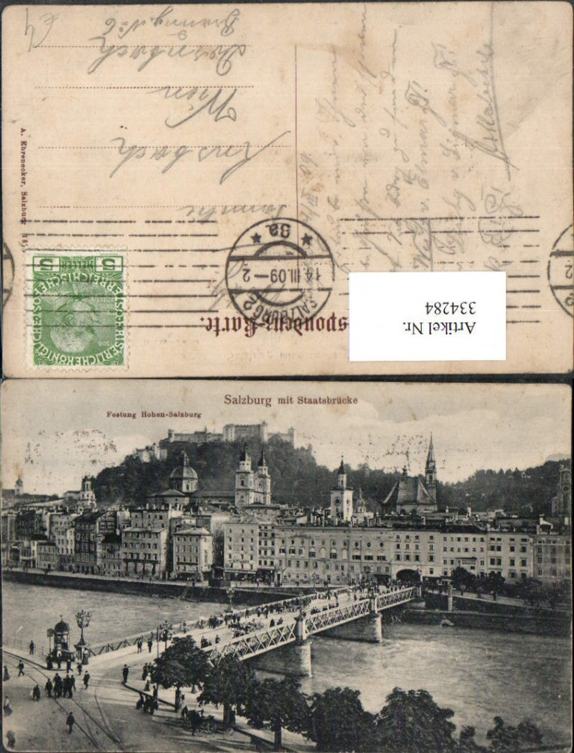334284,Salzburg Teilansicht m. Staatsbrücke Brücke u. Festung Hohensalzburg