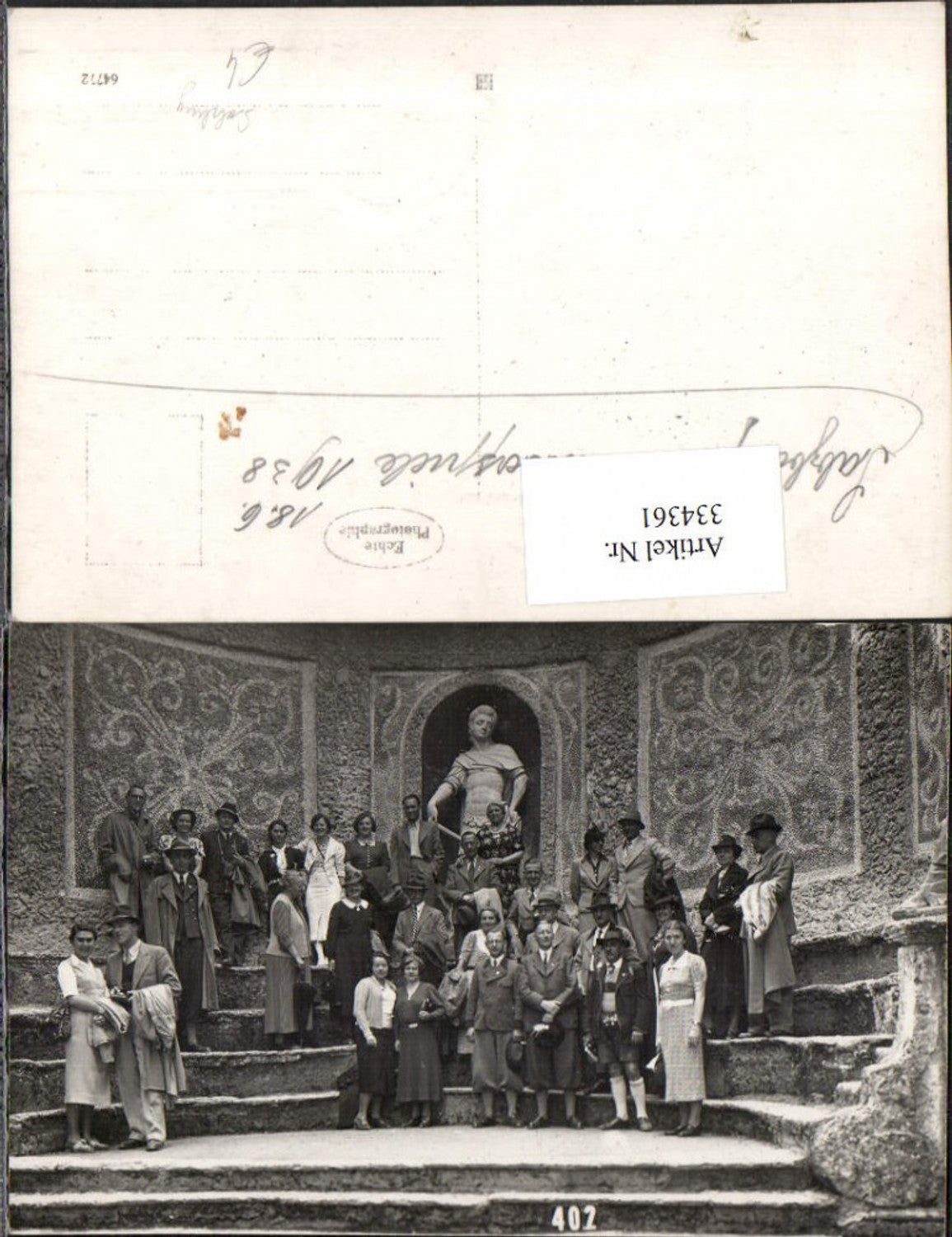 334361,Foto AK Salzburg Hellbrunn Wasserspiele 1938 Gruppenbild