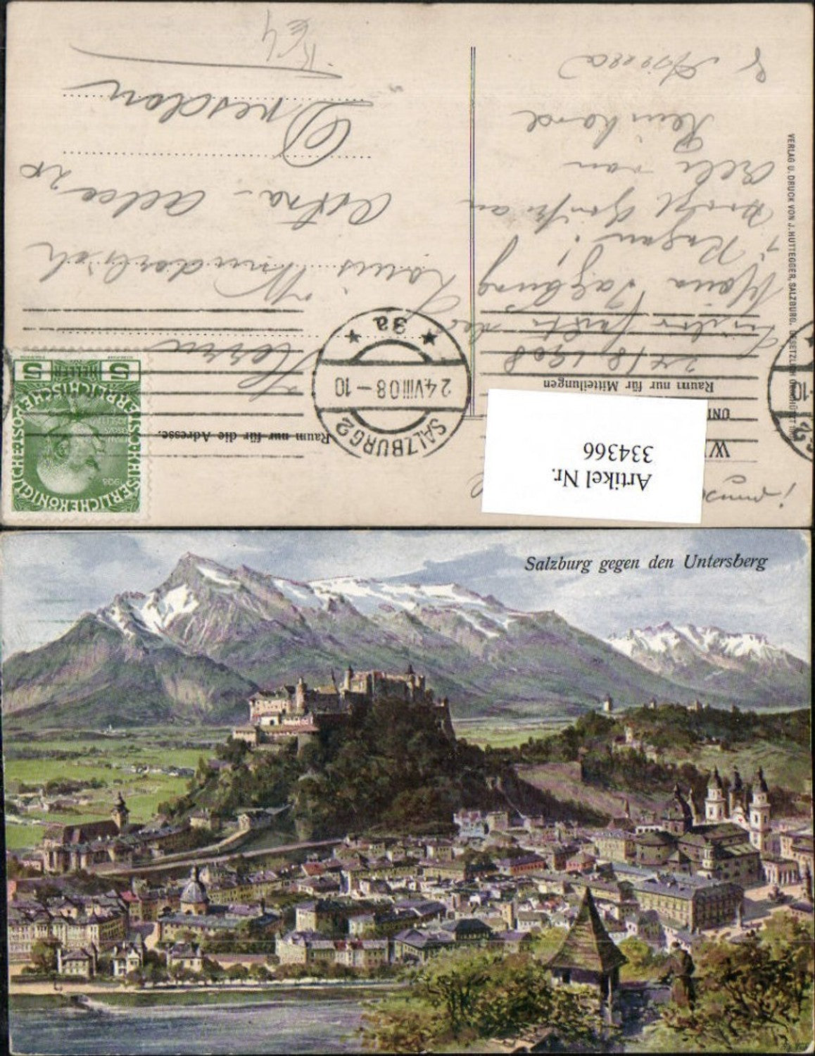 334366,Künstler AK Salzburg Totale m. Festung geg. Untersberg Bergkulisse
