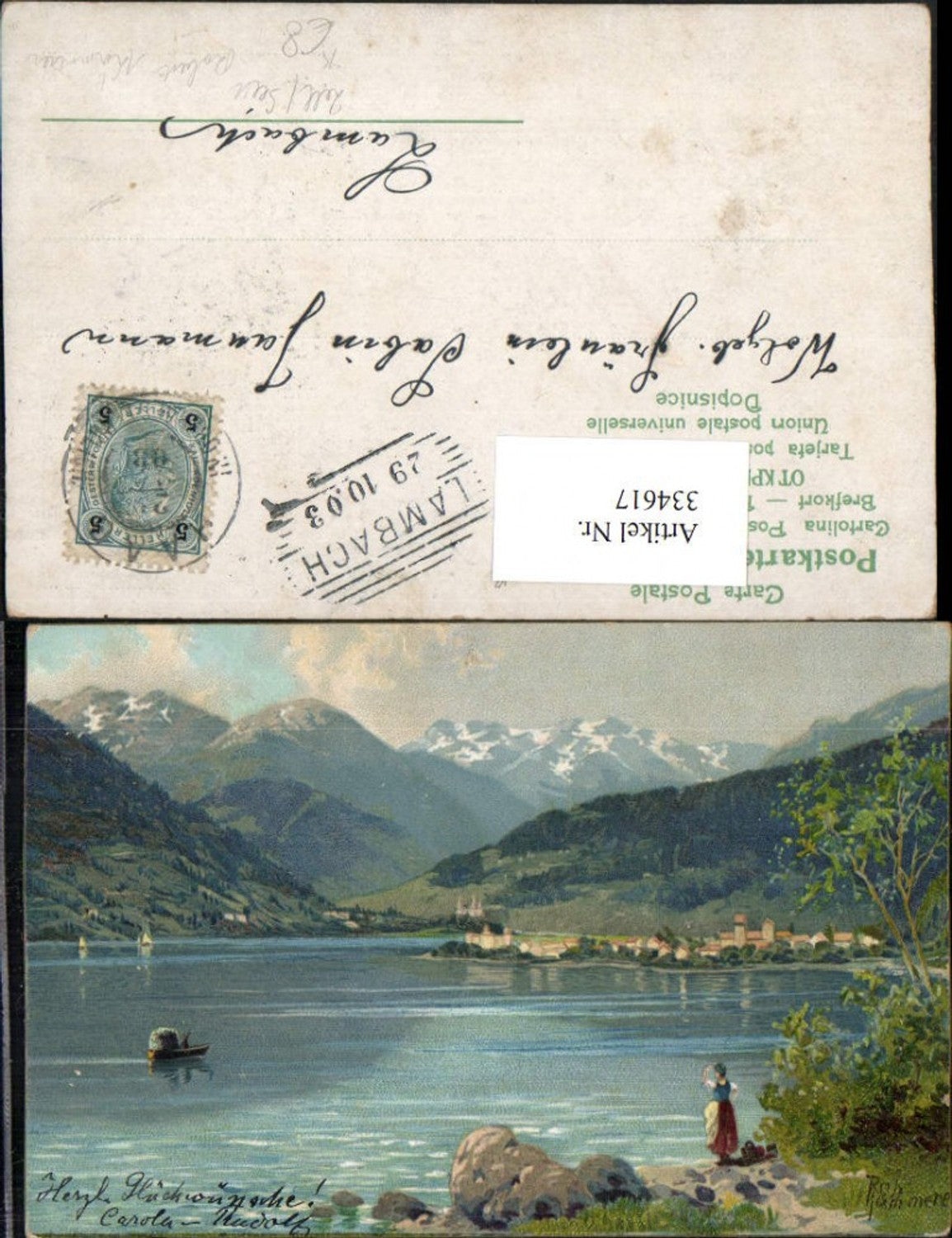 334617,Künstler AK Robert Kämmerer Zell am See Totale Bergkulisse