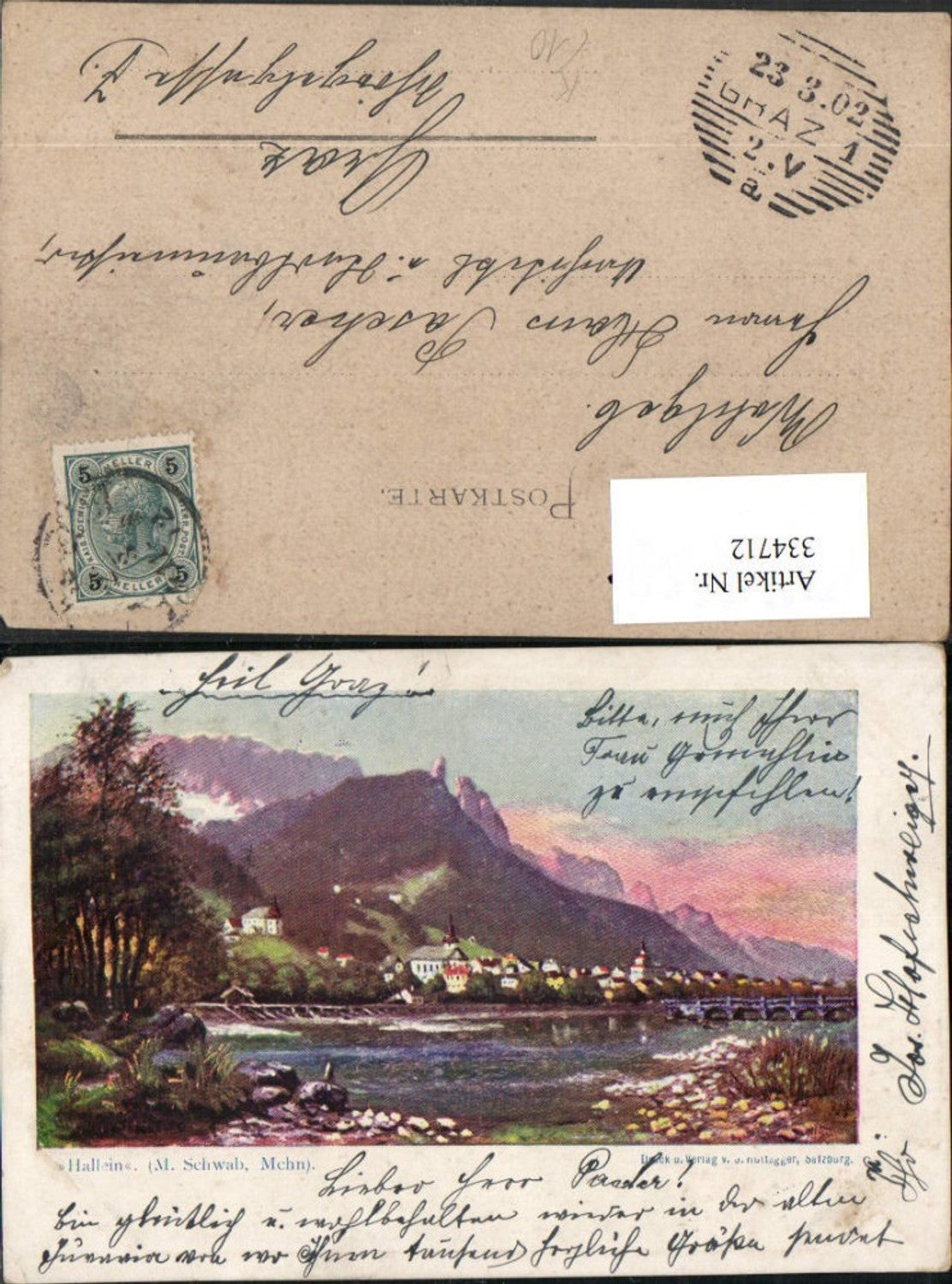 334712,Künstler AK Hallein Teilansicht Bergkulisse