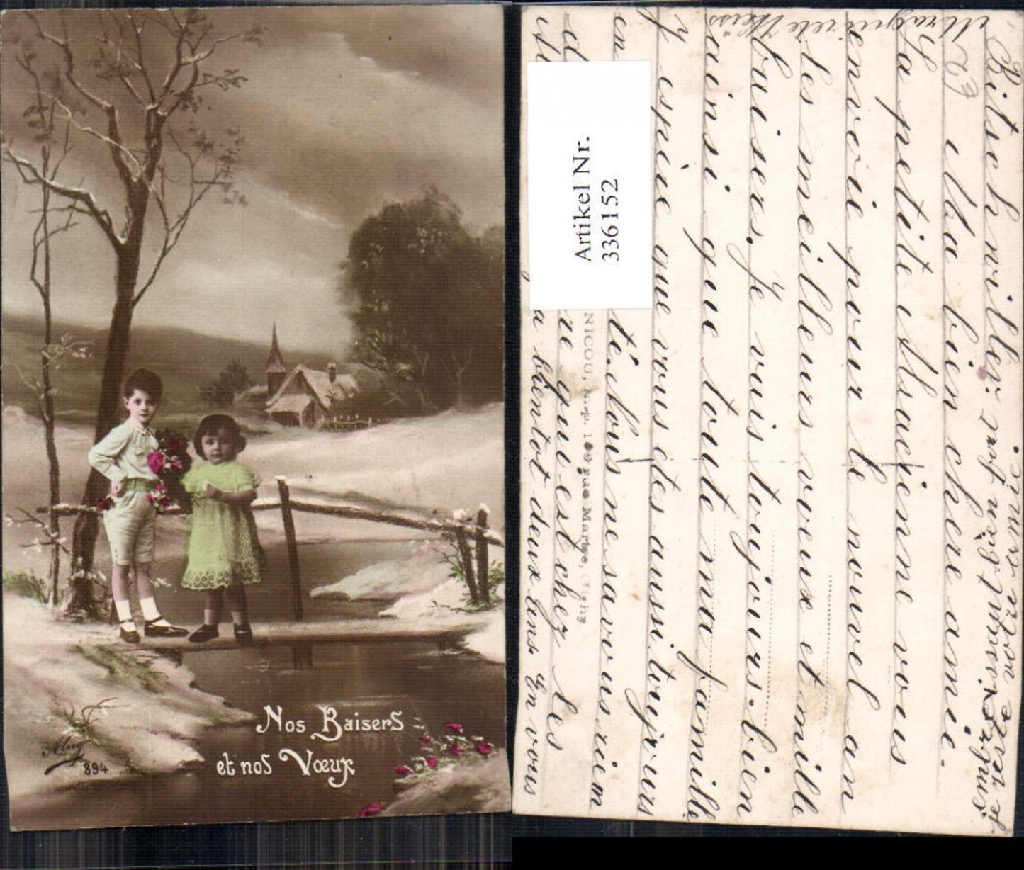 336152, Photomontage Child Children on a bridge Winter landscape Bouquet of flowers Nos Baisers et nos Voeux
