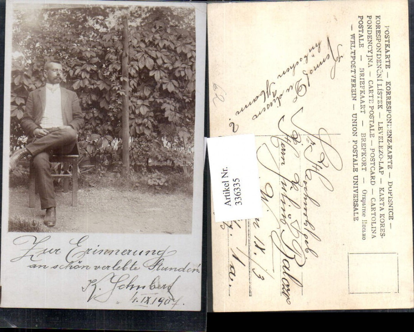 336335,Foto Ak Mann Anzug a. Stuhl sitzend Brille v. Baum Passepartout