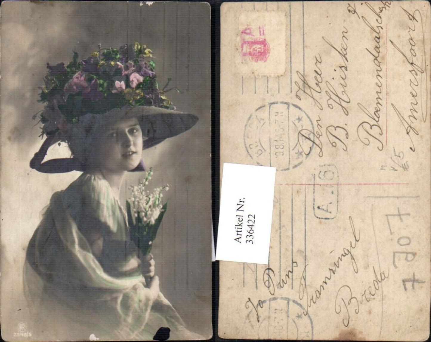 336422,Frau Hut m. Blumen Maiglöckchen Strauß pub RPH 2548/5