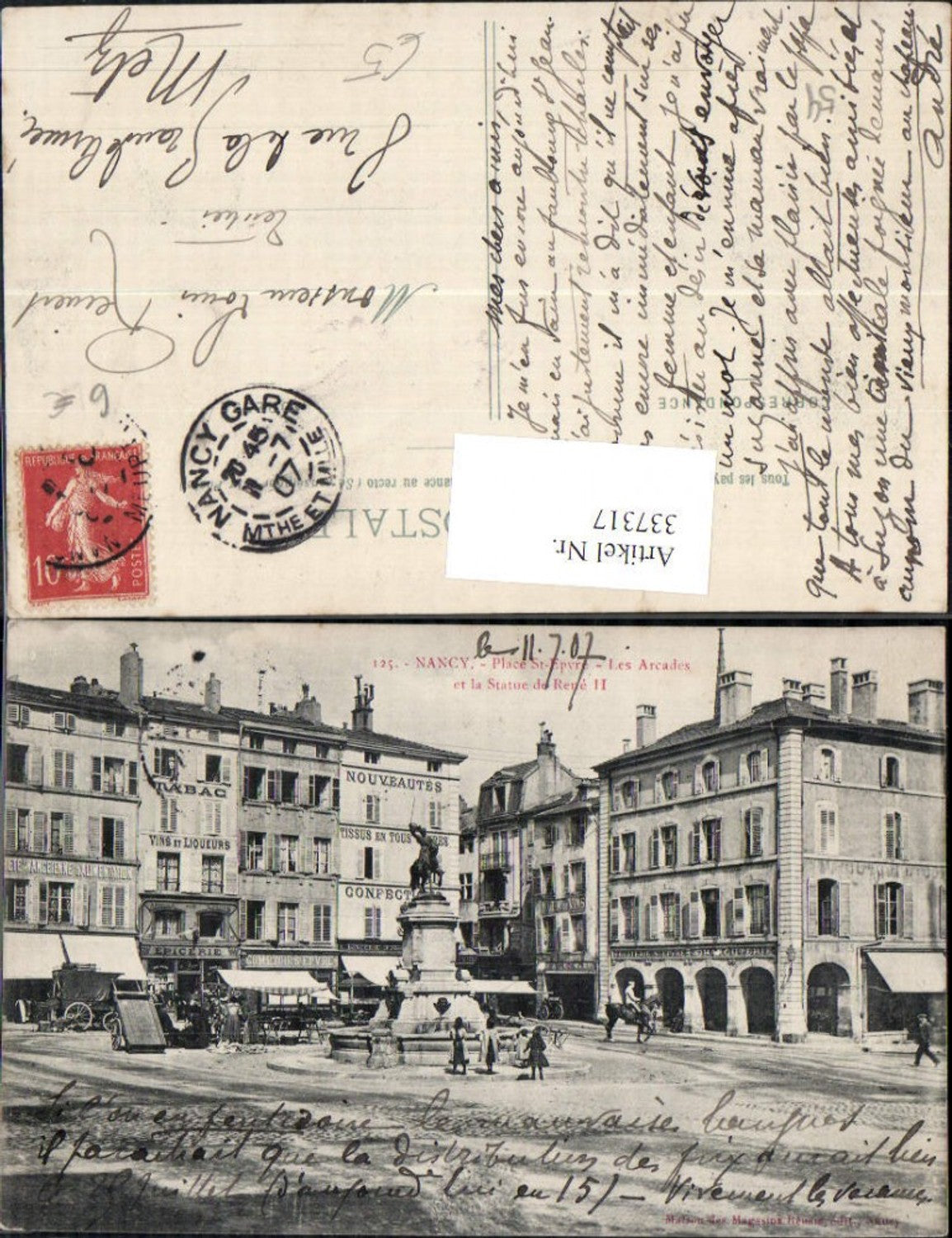 337317,Lothringen Meurthe-et-Moselle Nancy Place St Epvre Les Arcades et la Statue de Rene II Reiterdenkmal